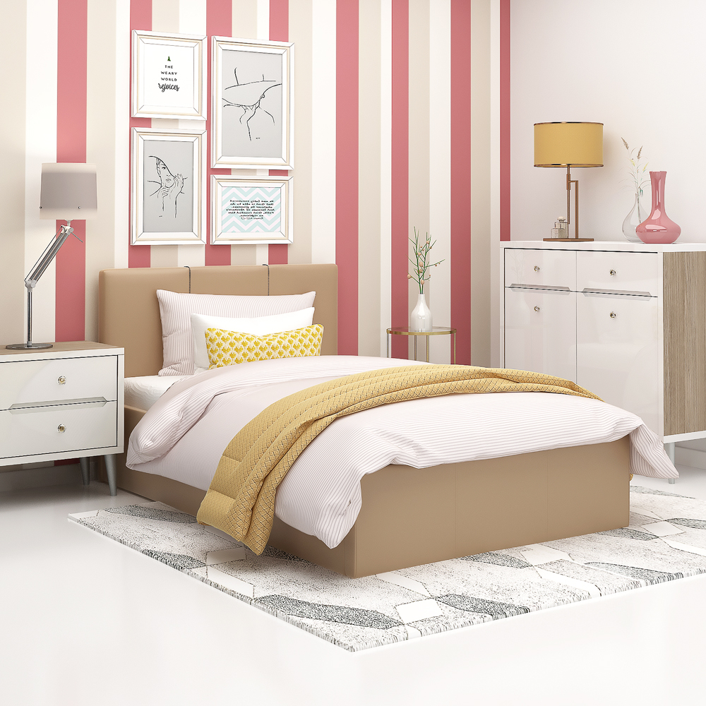 Pat copii tapitat SERENA 90cm, cu suport saltea fix, piele eco Cappuccino