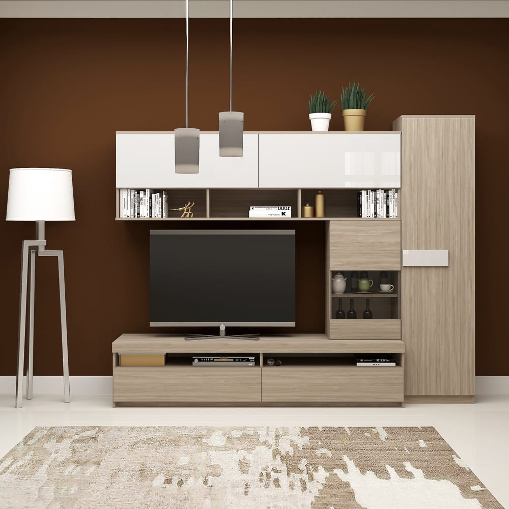 Mobila Living SYSTEM, Compozitie A, 225 Cm, Oak, MDF Alb Gloss