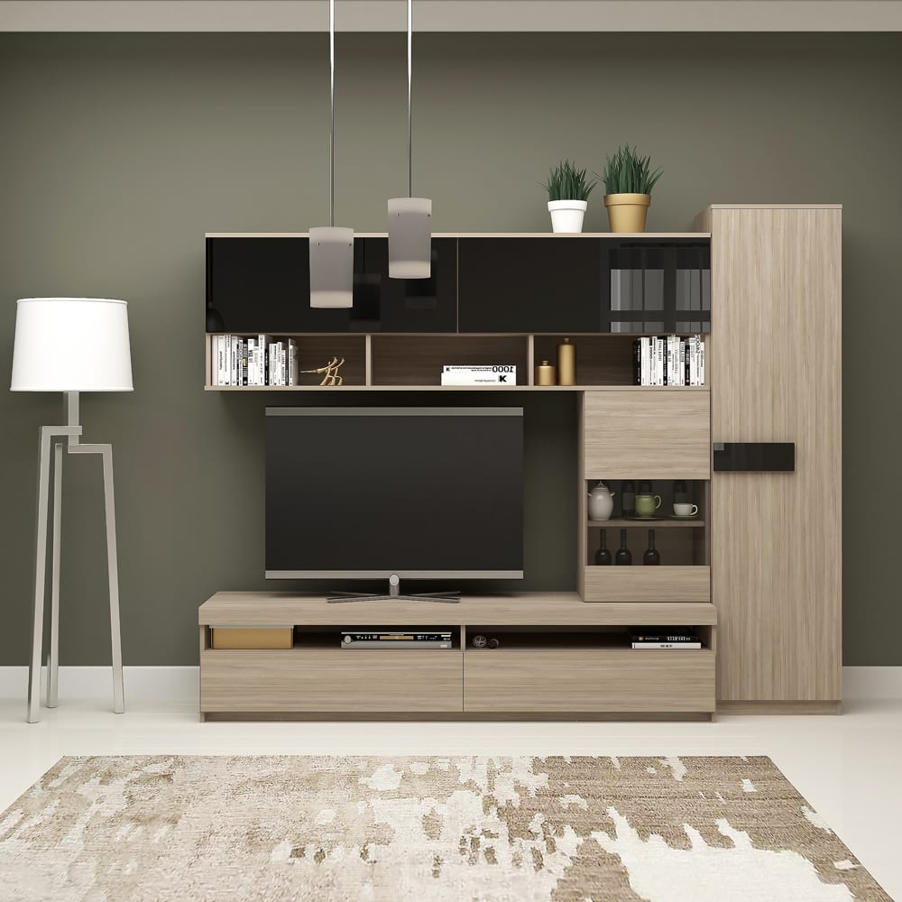 Mobila Living SYSTEM, Compozitie A, 225 Cm, Oak, MDF Negru Gloss