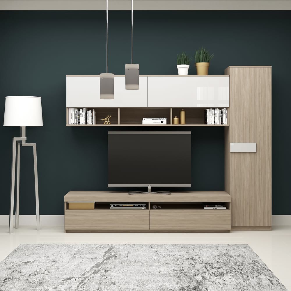 Tamos - Mobila living system, compozitie c, 225 cm, oak, mdf alb gloss