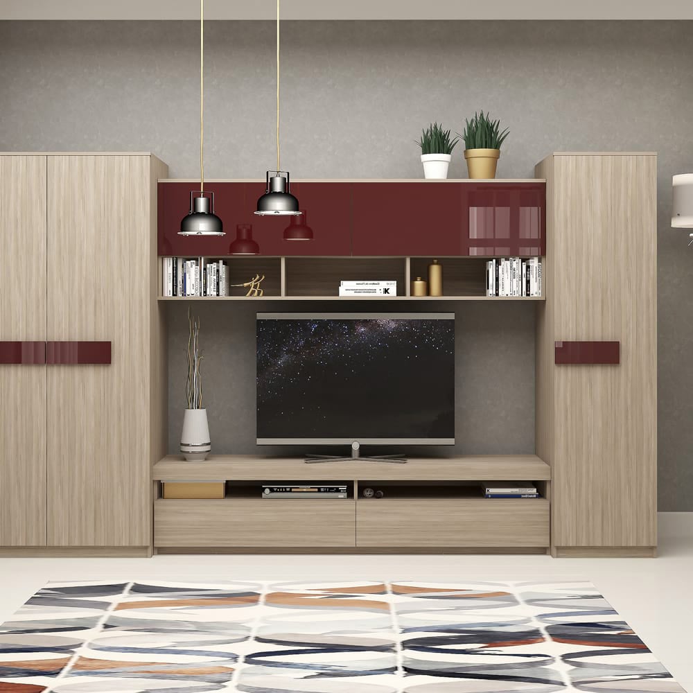 Mobila Living SYSTEM, Compozitie D, 315 Cm, Oak, MDF Bordo Gloss