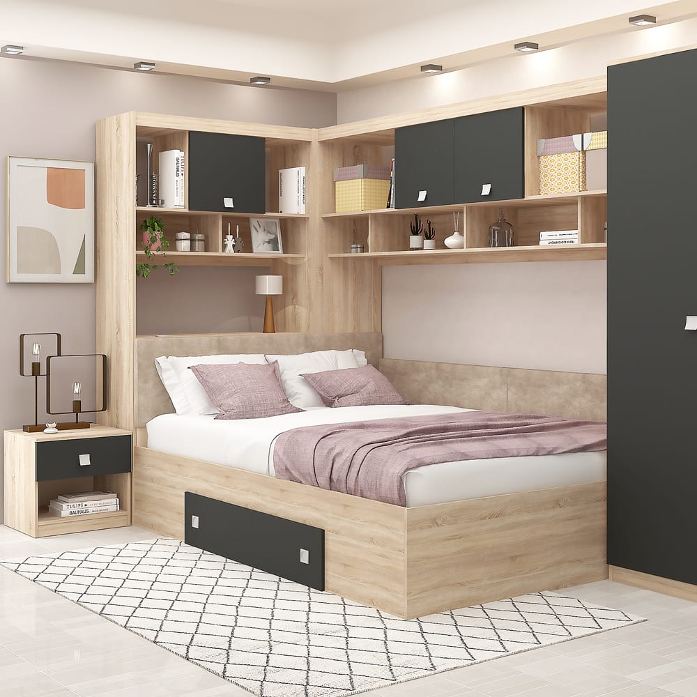 Dormitor colt ALESSIO, configuratia ALE3, Sonoma, Antracit, piele texturata Bej ALE3