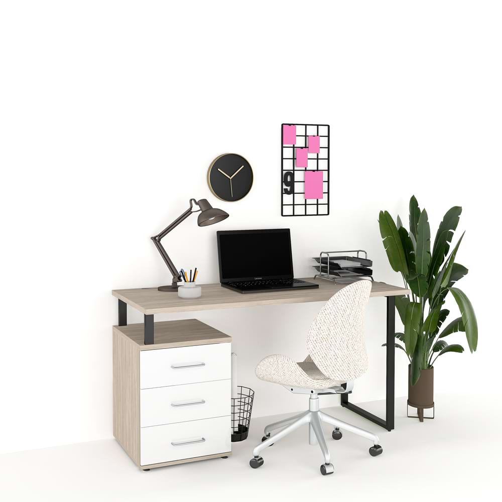 Birou STUDIO 2, cu Casetiera 3 sertare, Oak, Alb Gloss