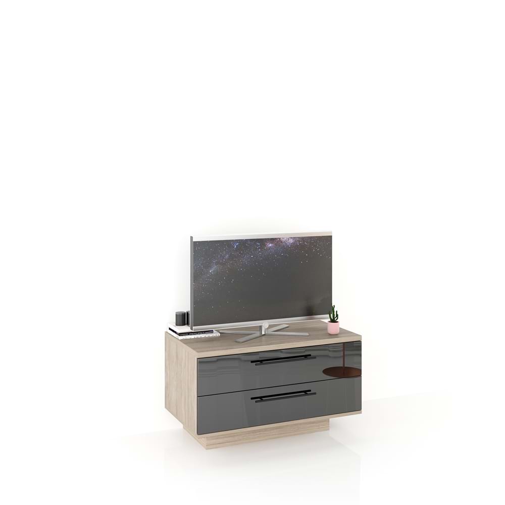 Comoda TV CUBO B90 Modern, 2 Sertare, Oak, Negru Gloss