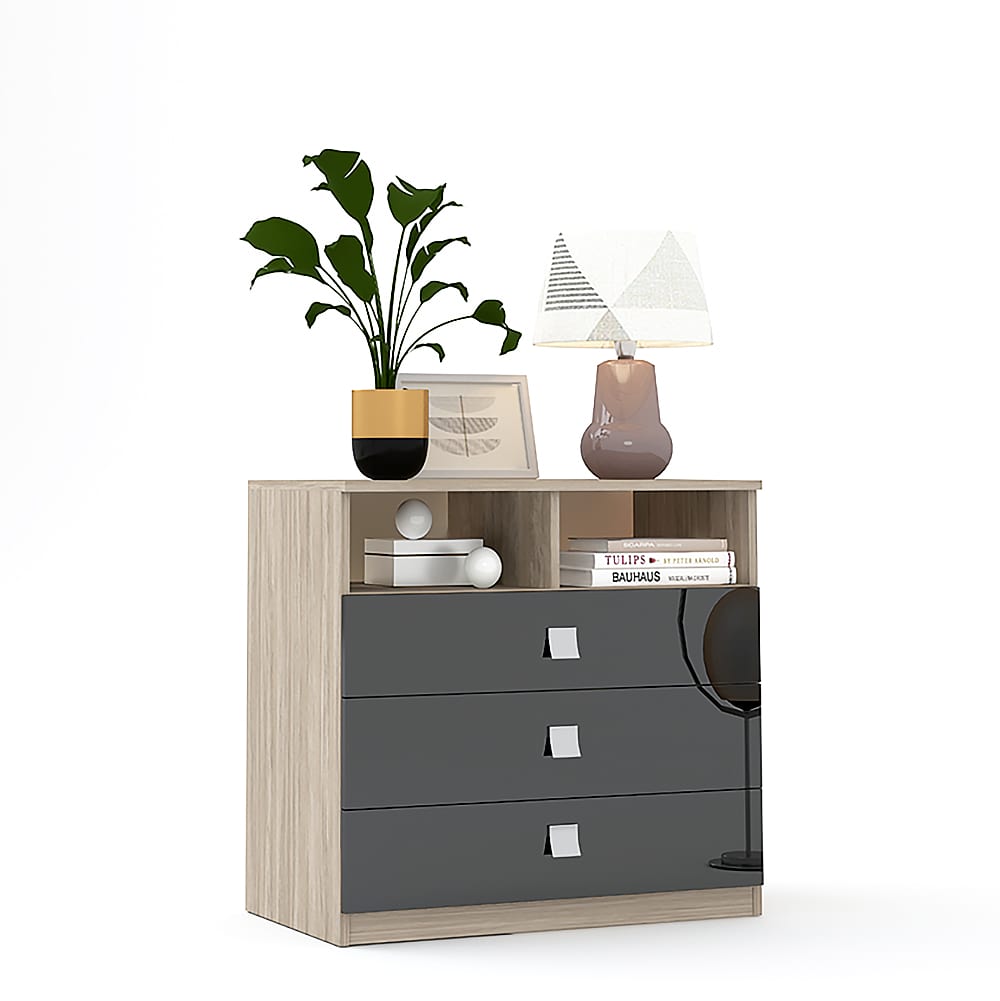 Comoda LINEA 3 sertare, Oak, Negru Gloss