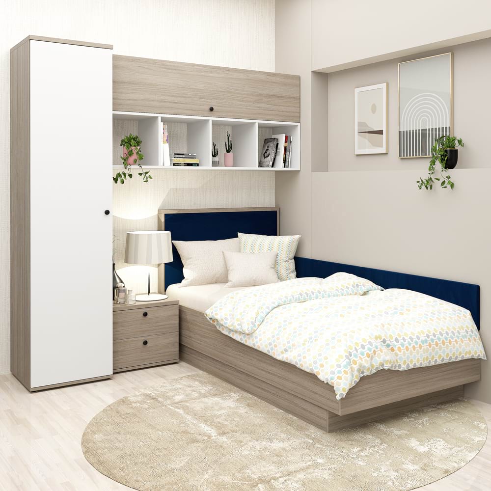 Dormitor copii pe colt RIALTO 2, Oak, Alb, Catifea Albastra