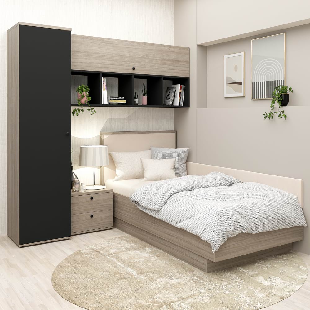 Dormitor copii pe colt RIALTO 2, Oak, Antracit, Catifea Bej