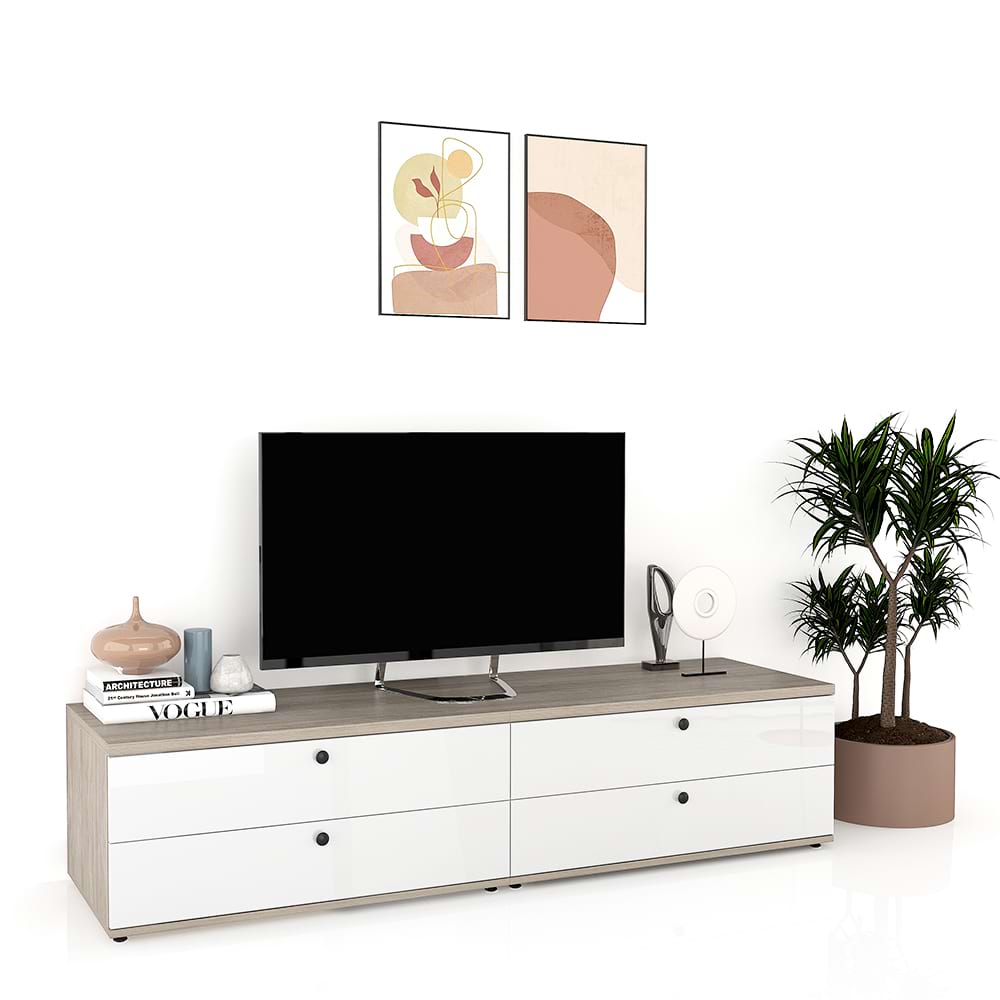 Comoda TV living CUBO 180, 4 sertare, Clasic, Oak, Alb Gloss