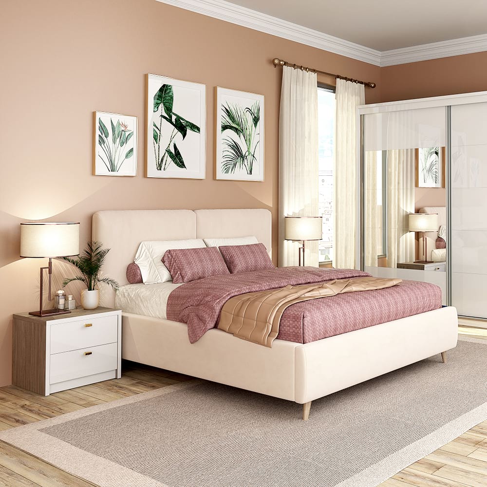 Dormitor MONTELLO 1, Oak, Alb Gloss, pat tapitat catifea Bej