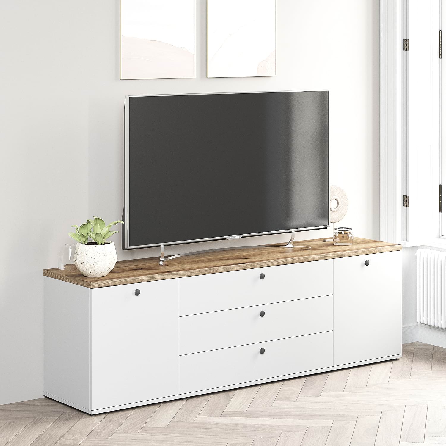 Comoda TV PRIMAVERA, 180x42, H58, 2U3S, Alb, Stejar