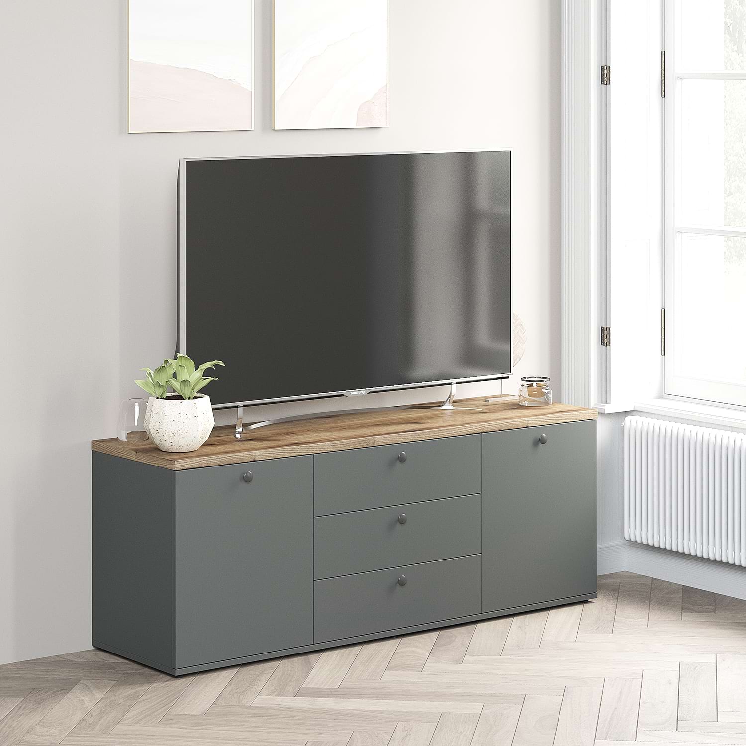 Comoda TV PRIMAVERA, 150x42, H58, 2U3S, Antracit, Stejar