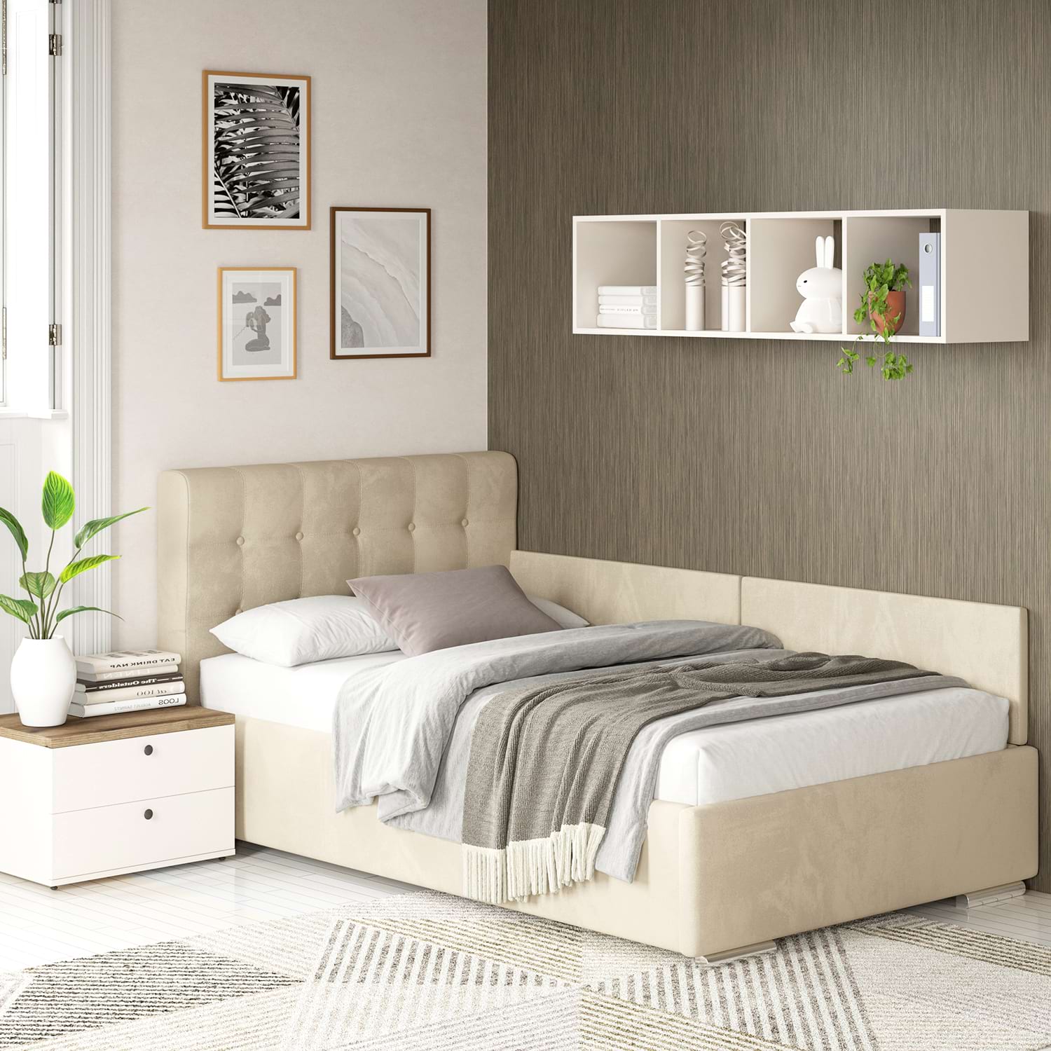 Pat de colt copii GEORGIA, 90x200, H107, somiera, catifea Bej