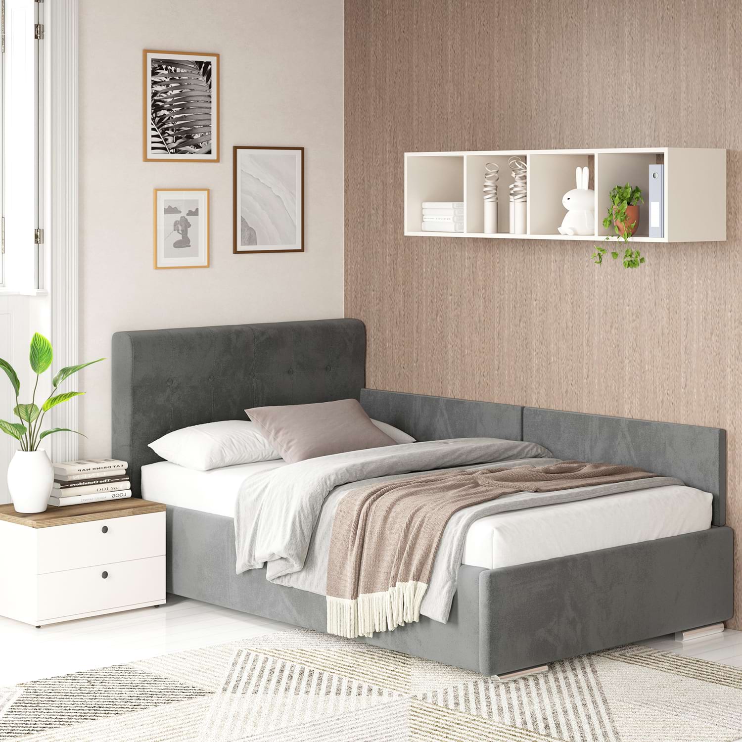 Pat de colt copii GEORGIA Clasic, 90x200, H107, somiera, catifea Gri