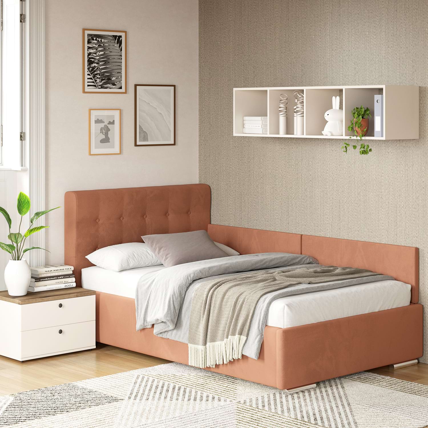 Pat tapitat de colt pentru copii GEORGIA Clasic, 120x200, H107, somiera, Catifea Roz