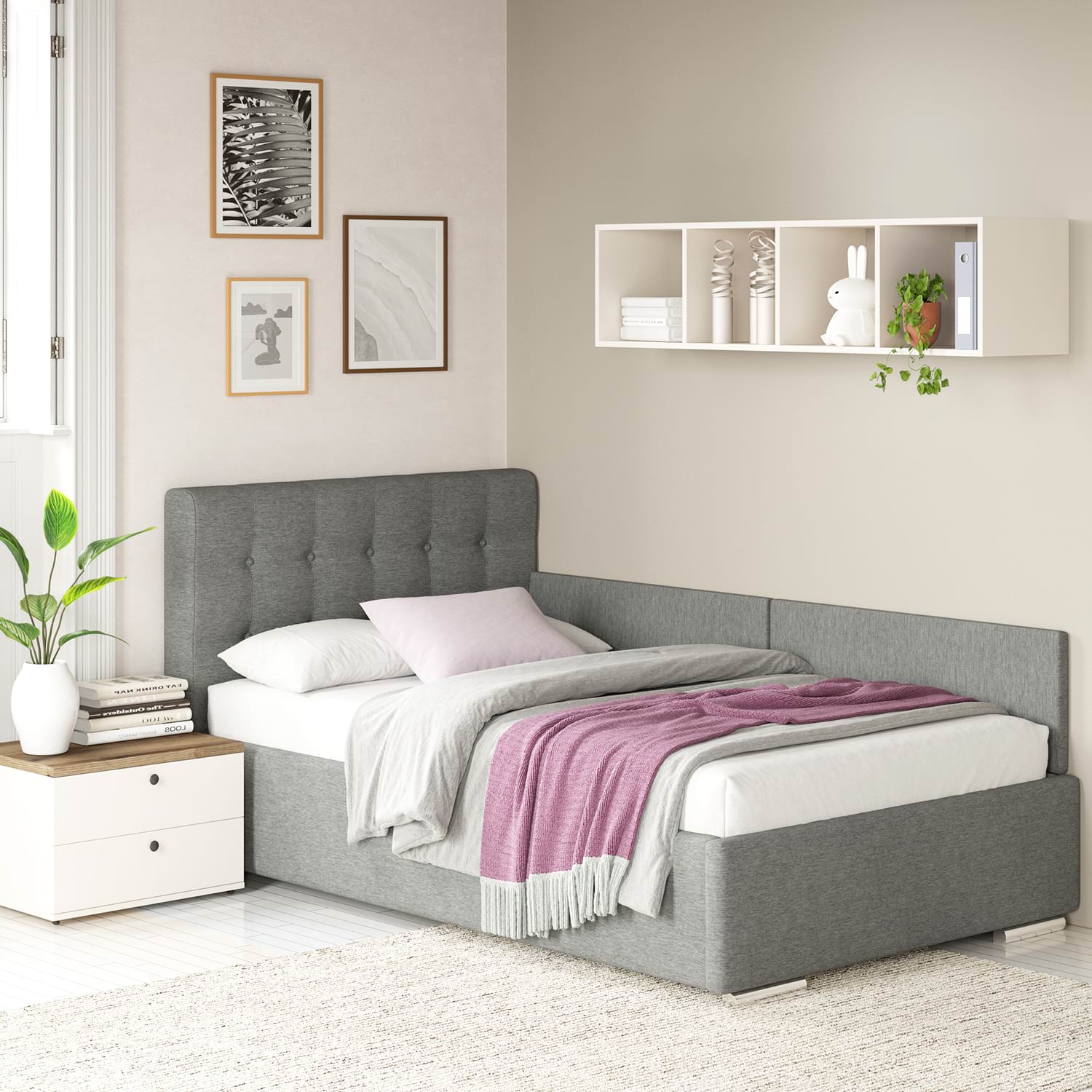 Pat tapitat de colt pentru copii GEORGIA Clasic, 90x200, H107, somiera, Stofa Gri V88