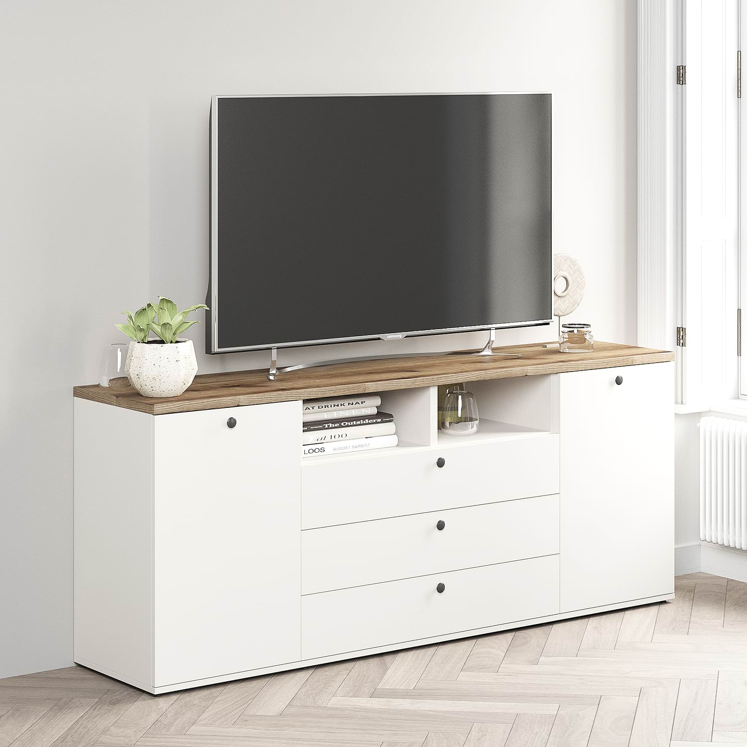 Comoda TV PRIMAVERA, 180x42, H76, 2U3S, Alb, Stejar