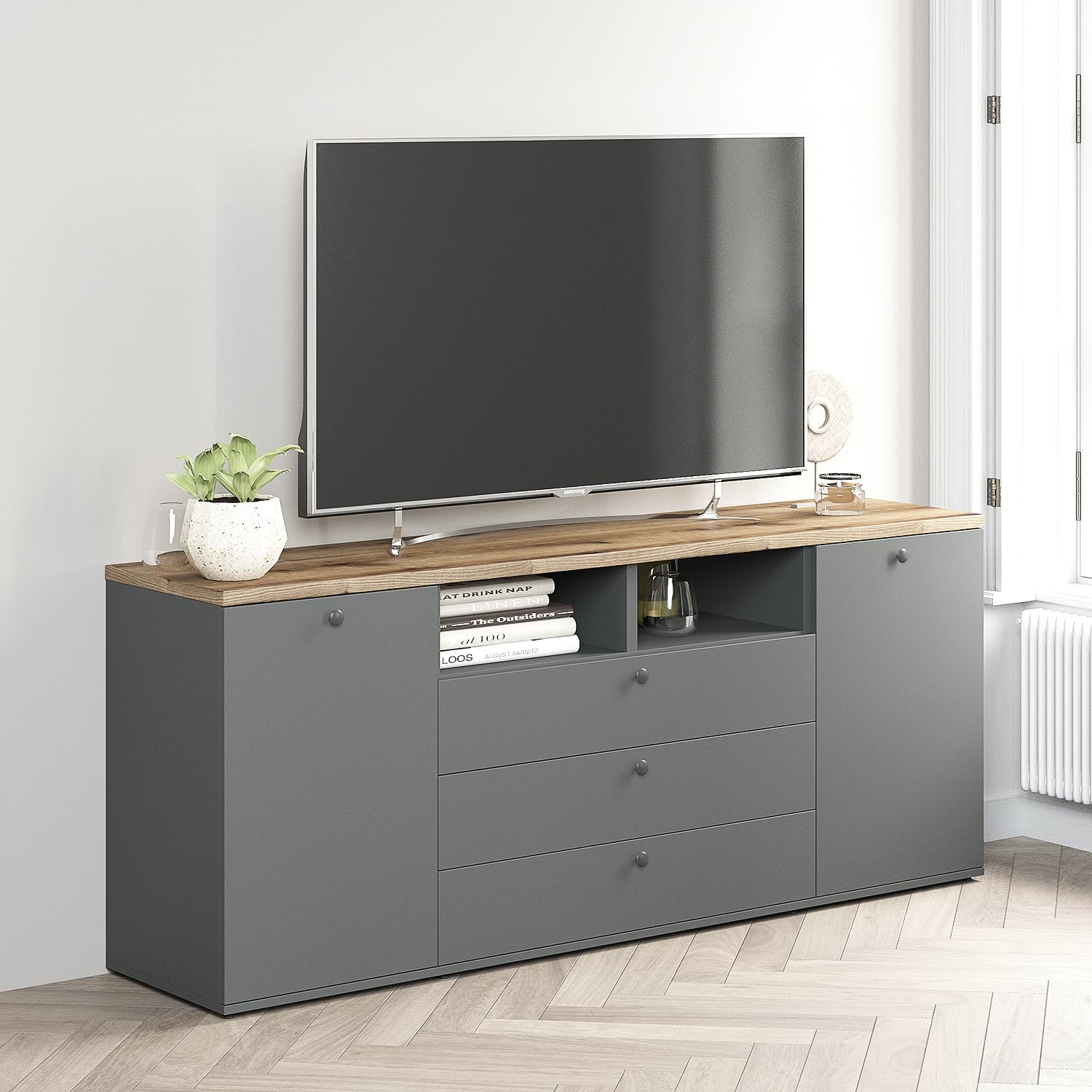 Comoda TV PRIMAVERA, 180x42, H76, 2U3S, Antracit, Stejar