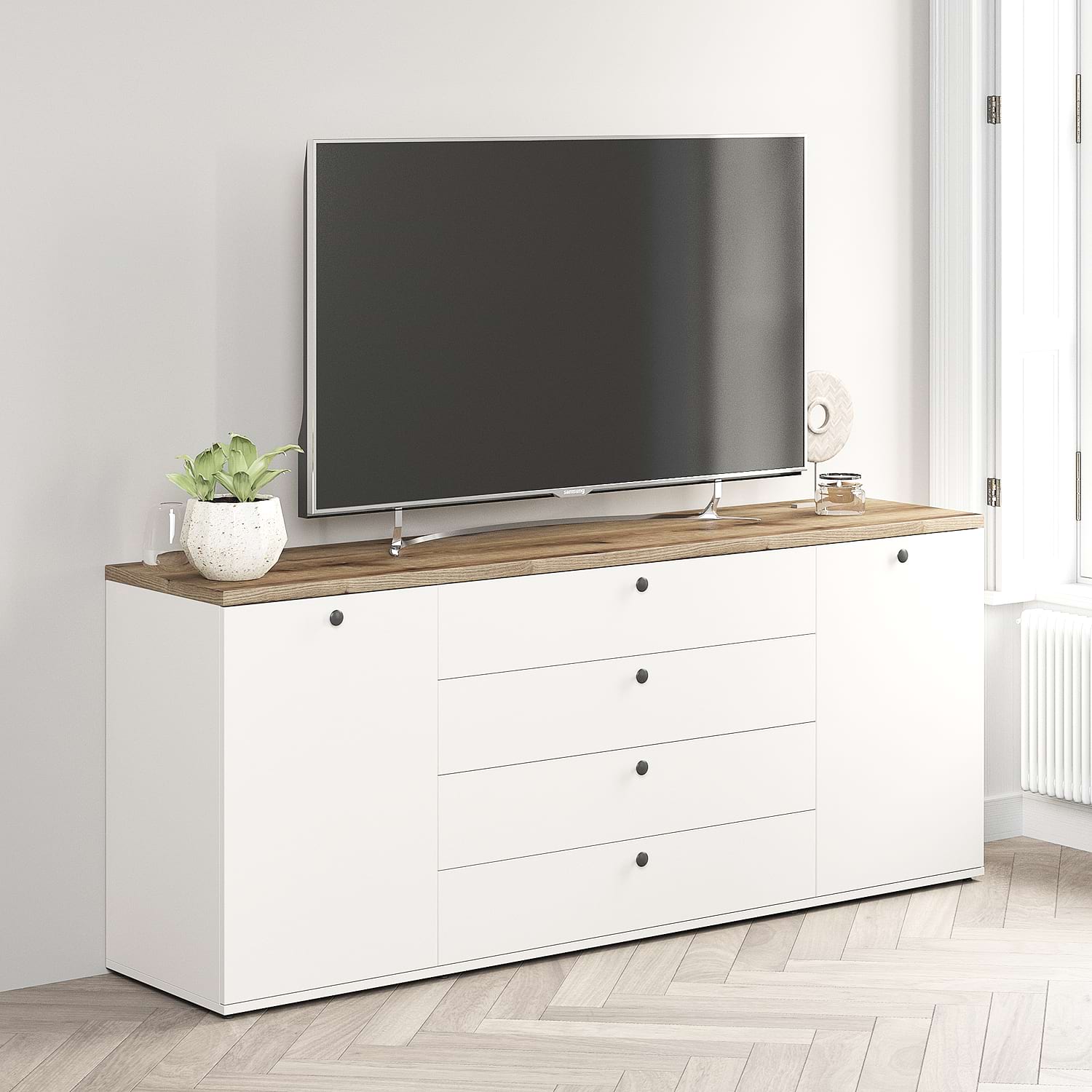 Comoda TV PRIMAVERA, 180x42, H76, 2U4S, Alb, Stejar