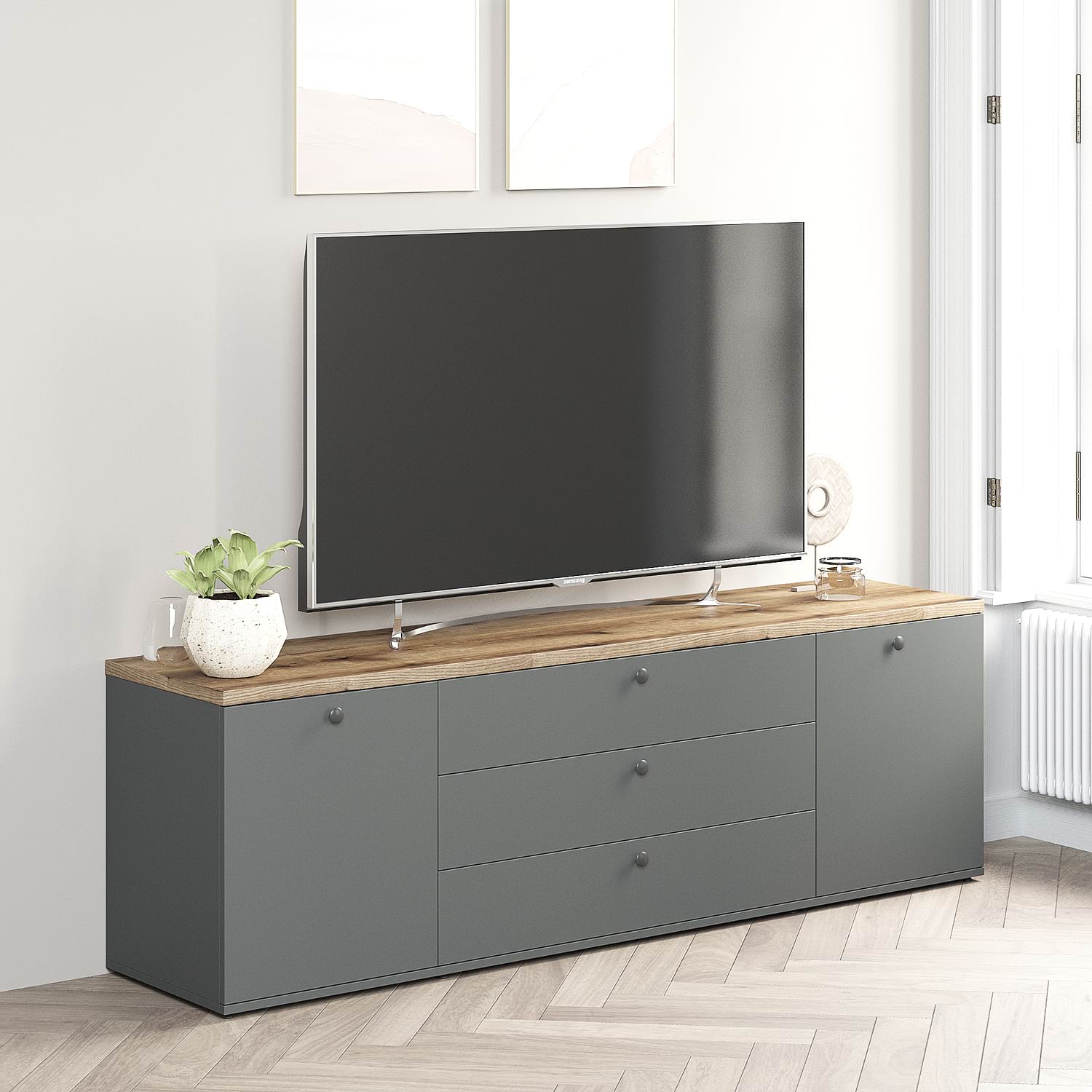 Comoda TV PRIMAVERA, 180x42, H58, 2U3S, Antracit, Stejar