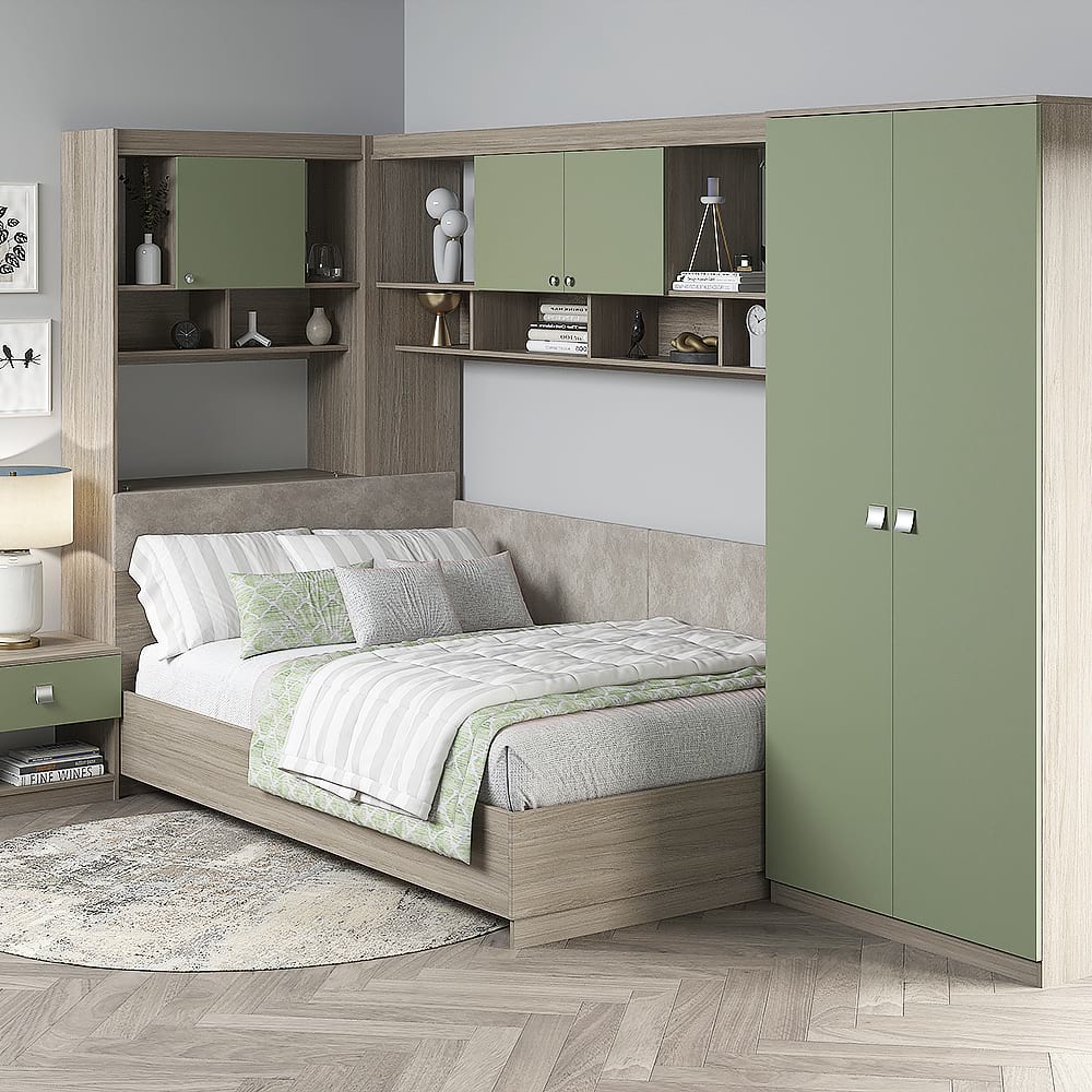 Dormitor colt ALESSIO 3, tablie pat tapitata, Oak, Pesto