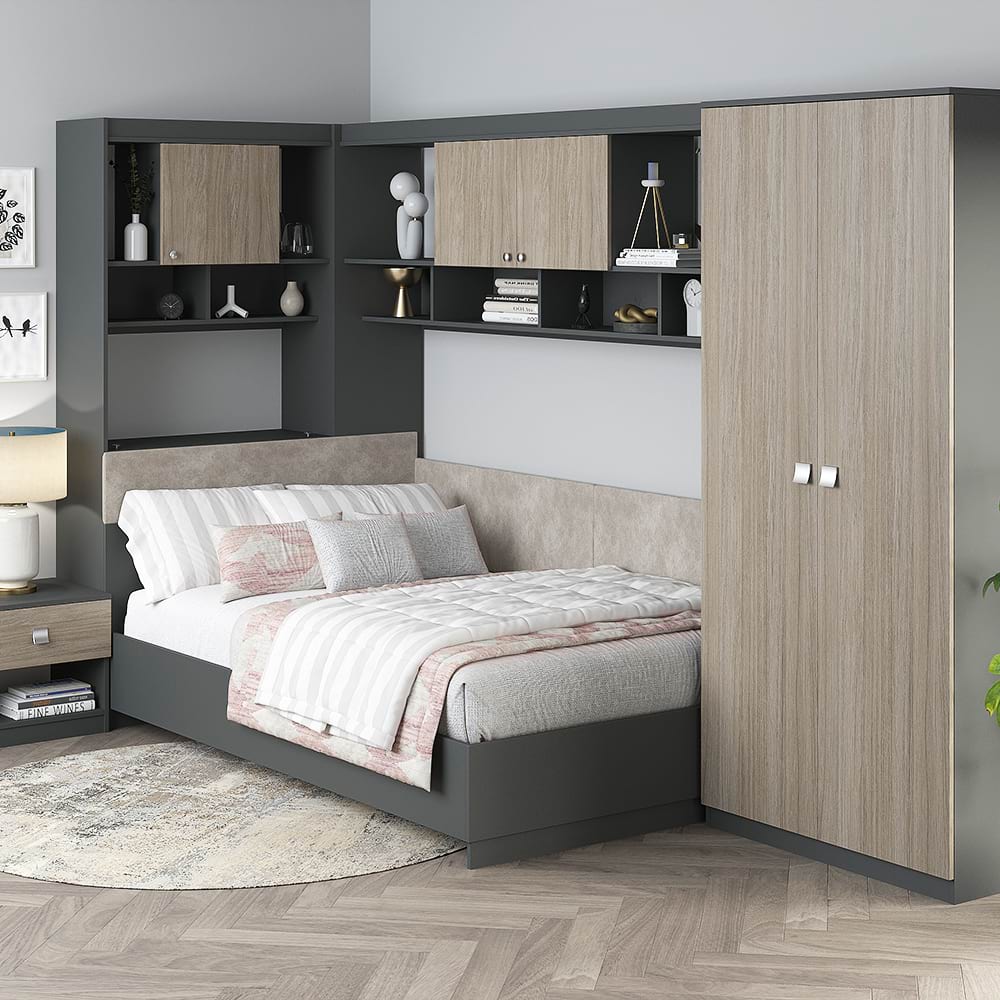 Dormitor colt ALESSIO 3, tablie pat tapitata, Antracit, Oak