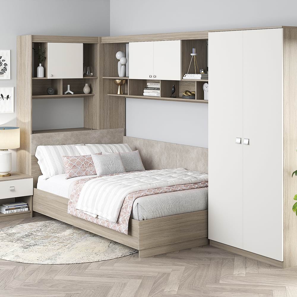 Dormitor colt ALESSIO 3, tablie pat tapitata, Oak, Alb