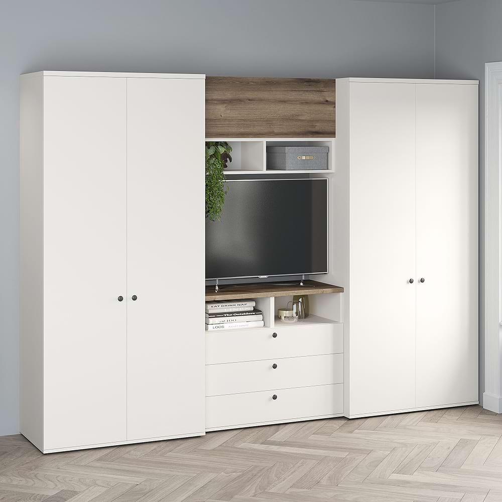 Set mobila dulapuri si comoda tv PRIMAVERA A270x52, H200, 5U3S, Alb, Stejar