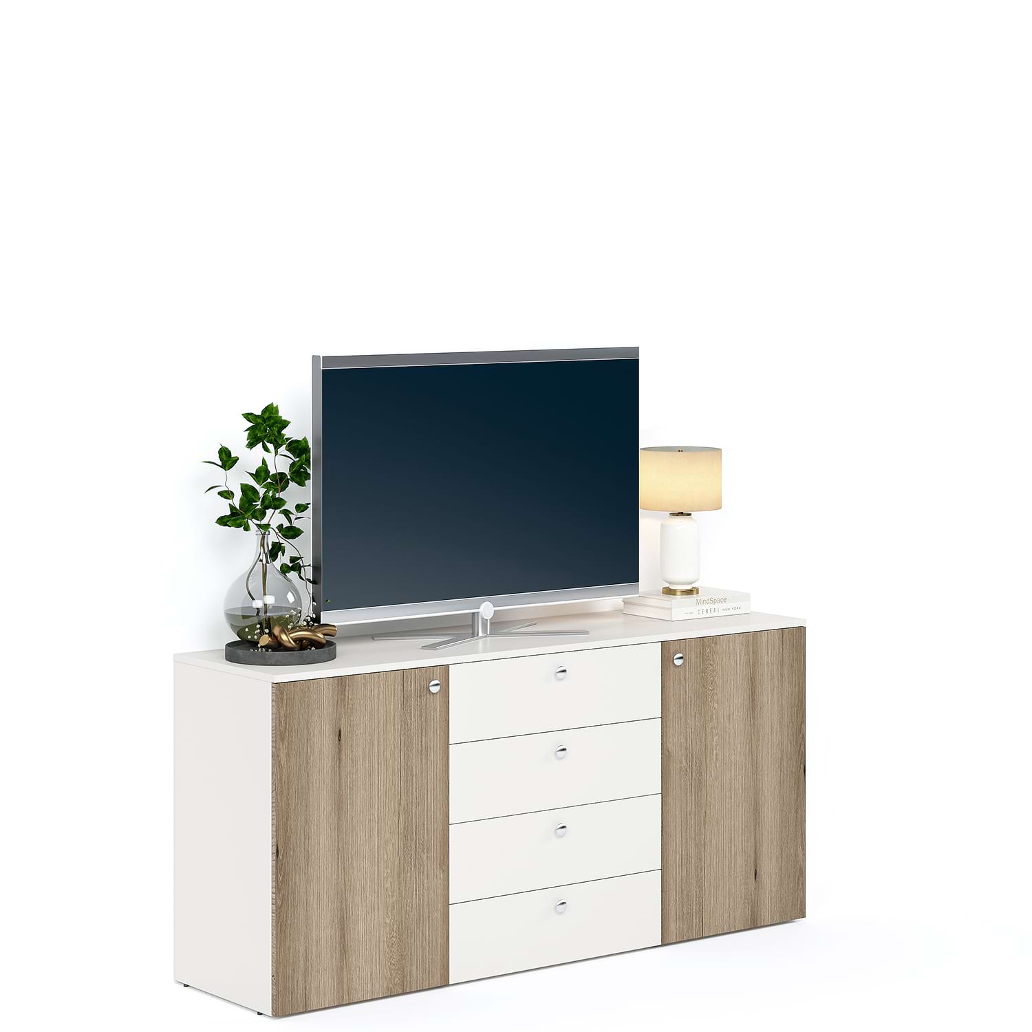 Comoda ARONA 150, A42, H74, 2U4S, Alb Portelan, Stejar