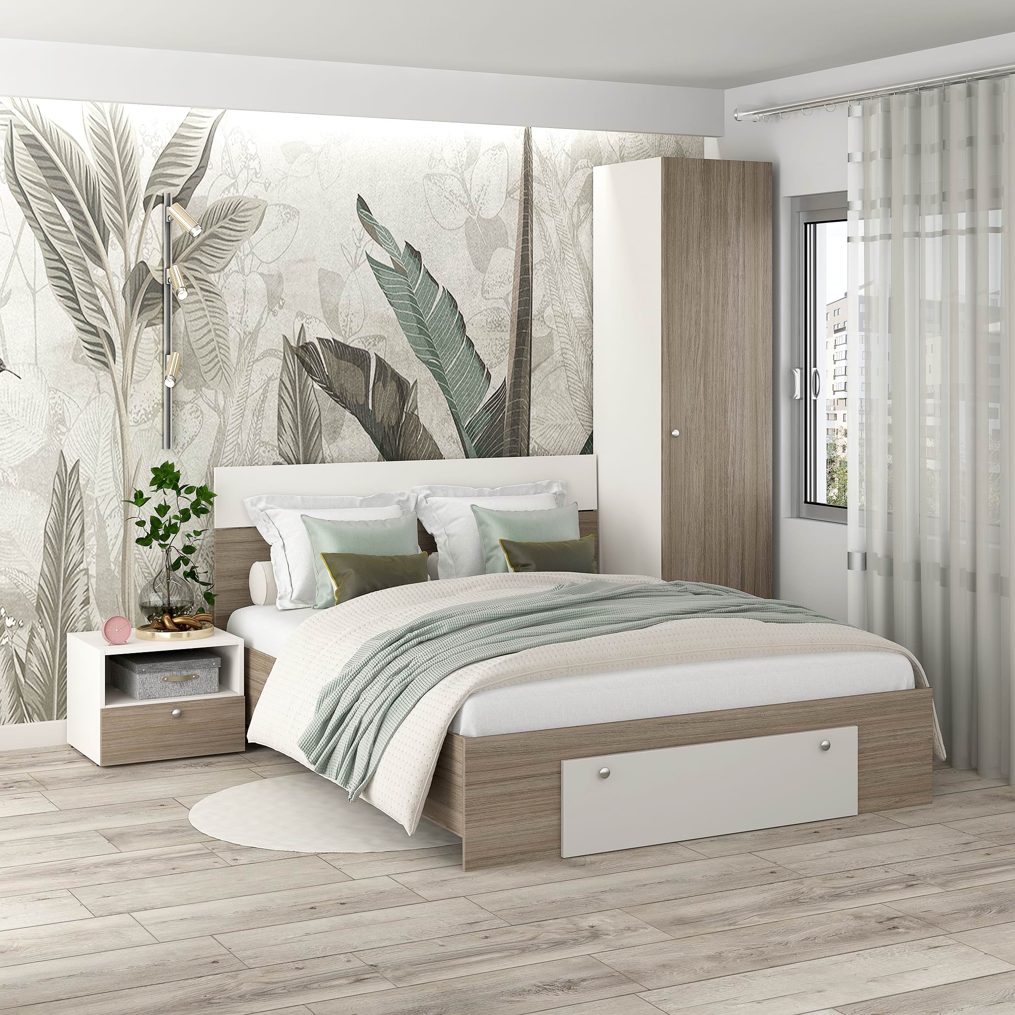 Dormitor ARONA 1, pat matrimonial cu sertar frontal, Alb Portelan, Oak