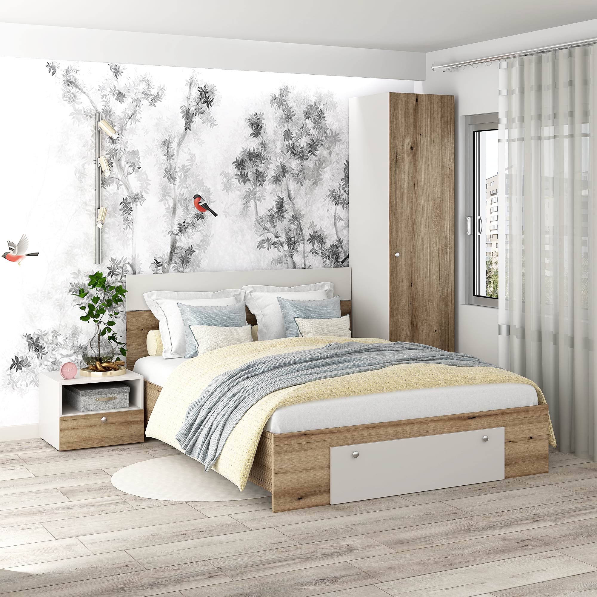 Dormitor ARONA 1, pat matrimonial cu sertar frontal, Alb Portelan, Stejar