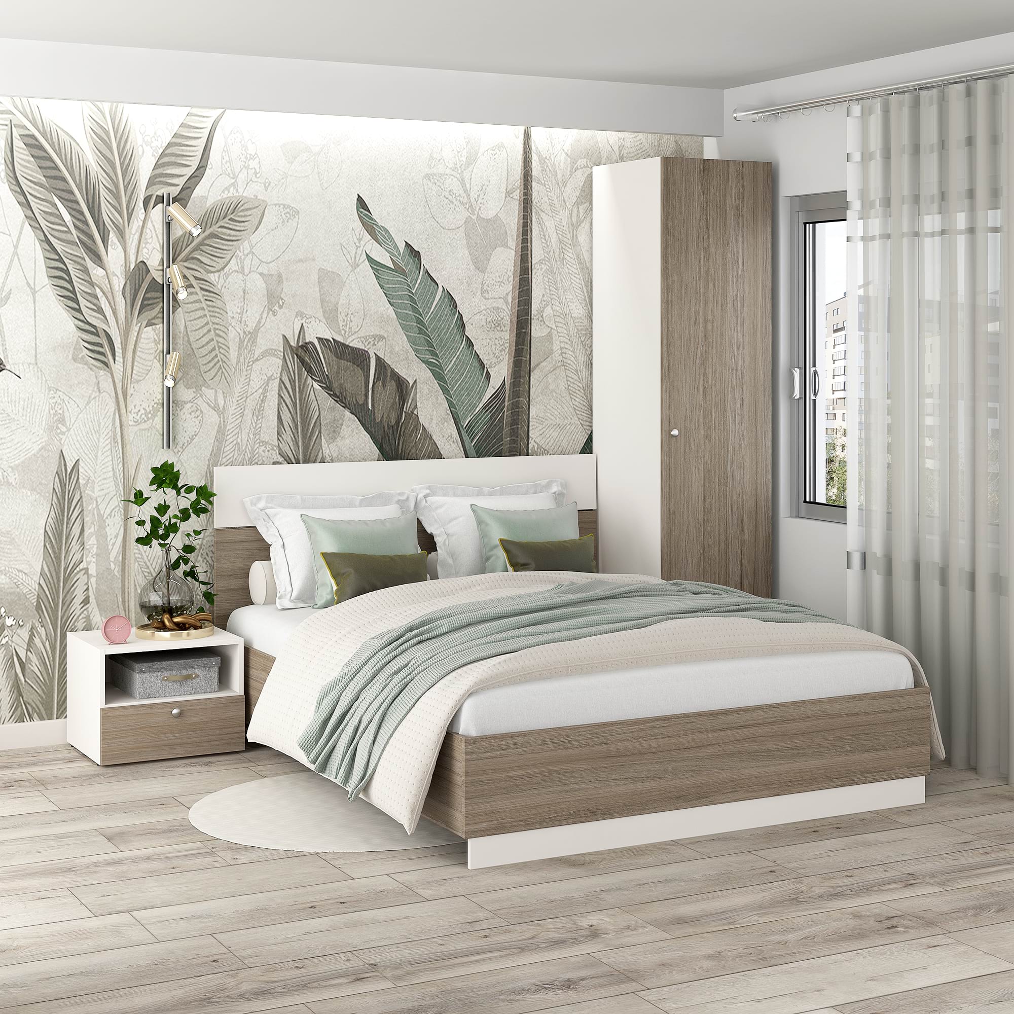 Dormitor ARONA 1, pat matrimonial, Alb Portelan, Oak