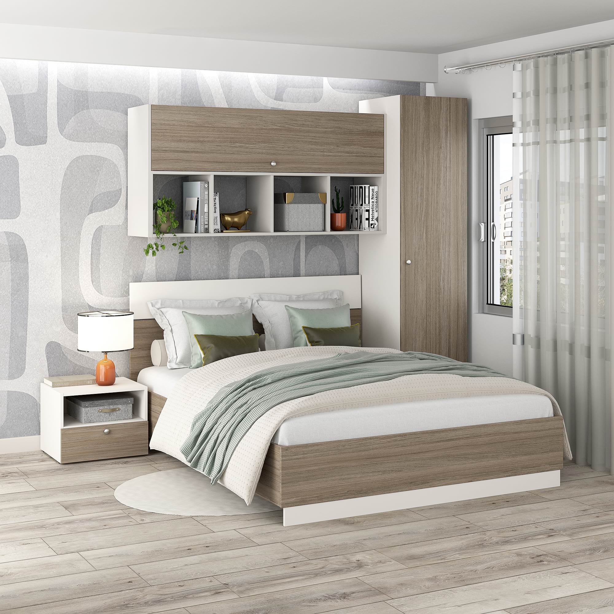 Dormitor ARONA 2, pat matrimonial, 3 dulapuri, noptiera 1S, Alb Portelan, Oak