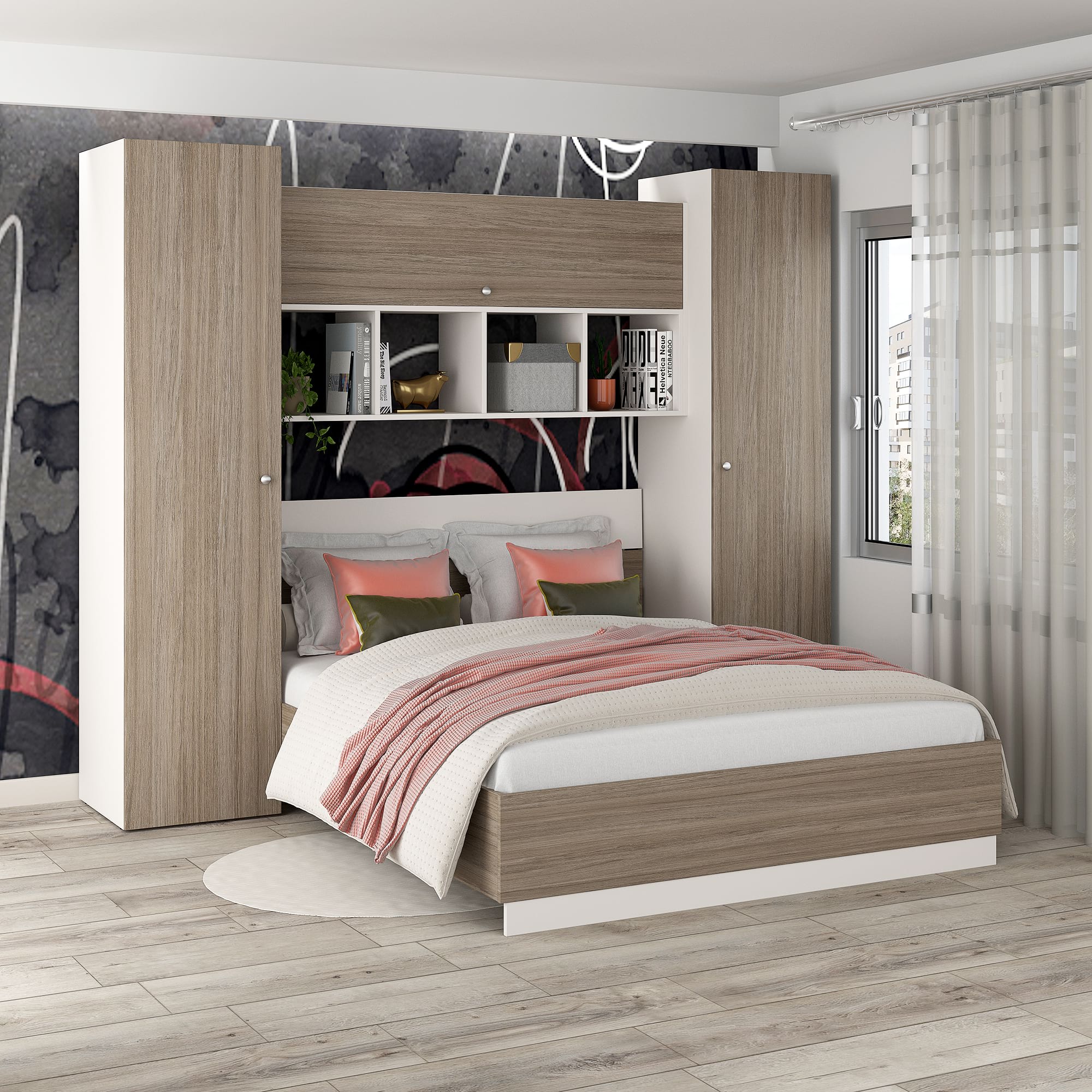 Dormitor ARONA 4, pat matrimonial, 4 dulapuri, Alb Portelan, Oak