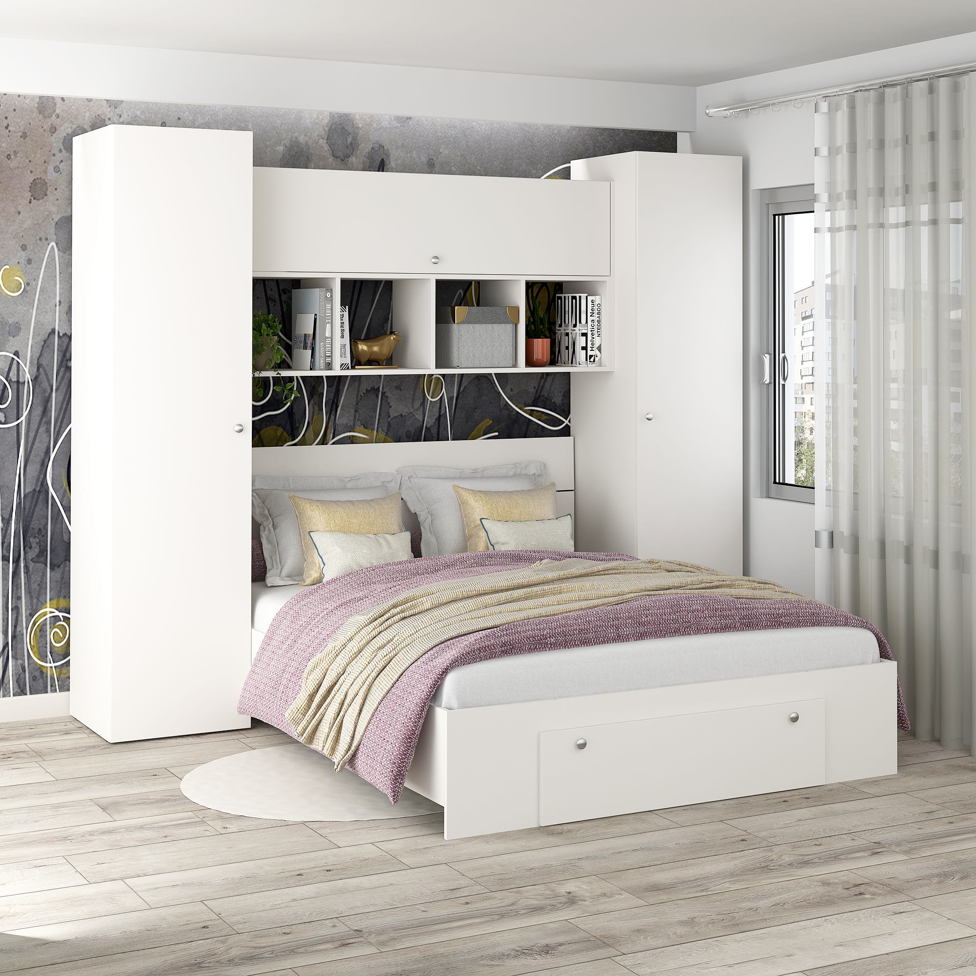 Dormitor ARONA 4, pat matrimonial sertar frontal, 4 dulapuri, Alb Portelan