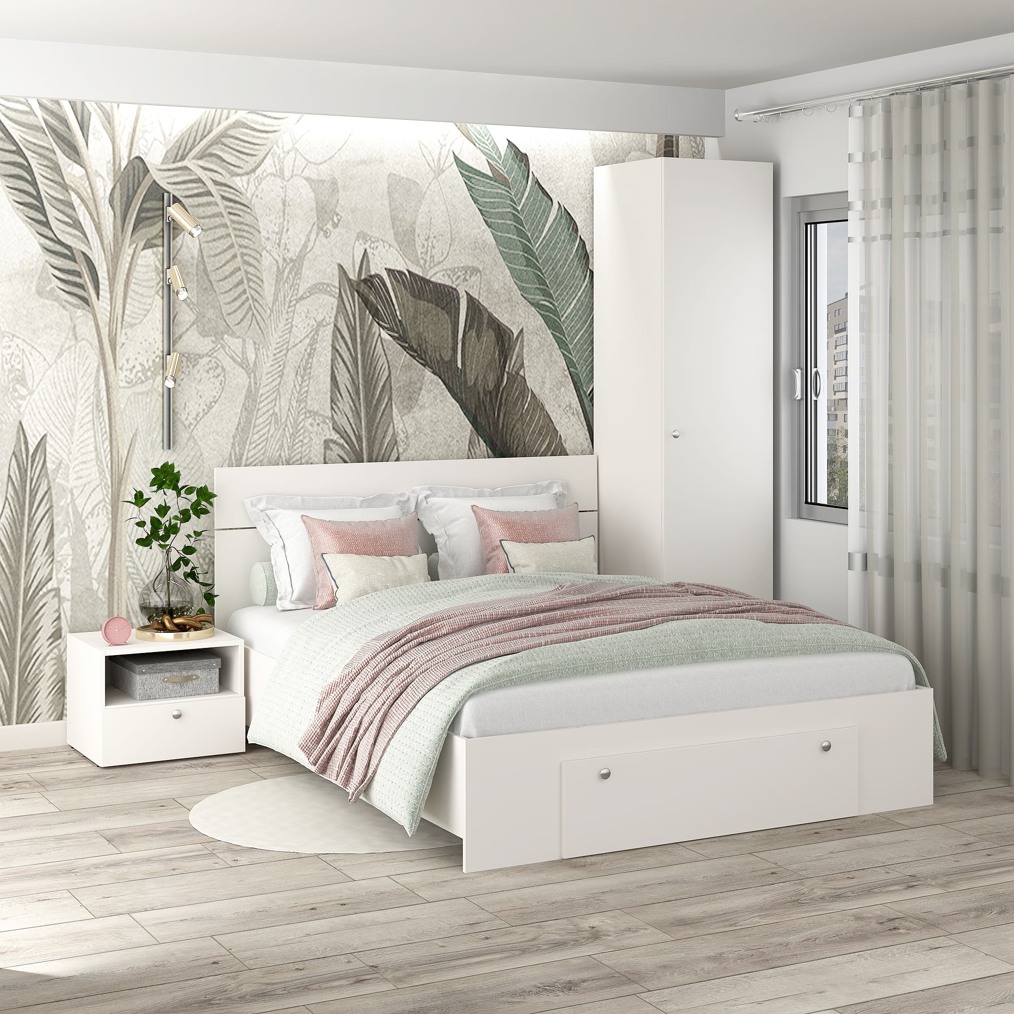 Dormitor ARONA 1, pat matrimonial cu sertar frontal, Alb Portelan