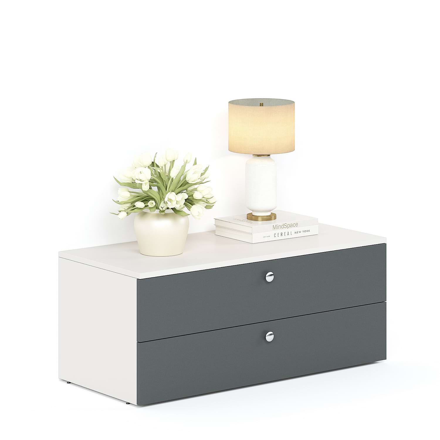 Noptiera ARONA 90, 2 sertare, Alb Portelan, Antracit