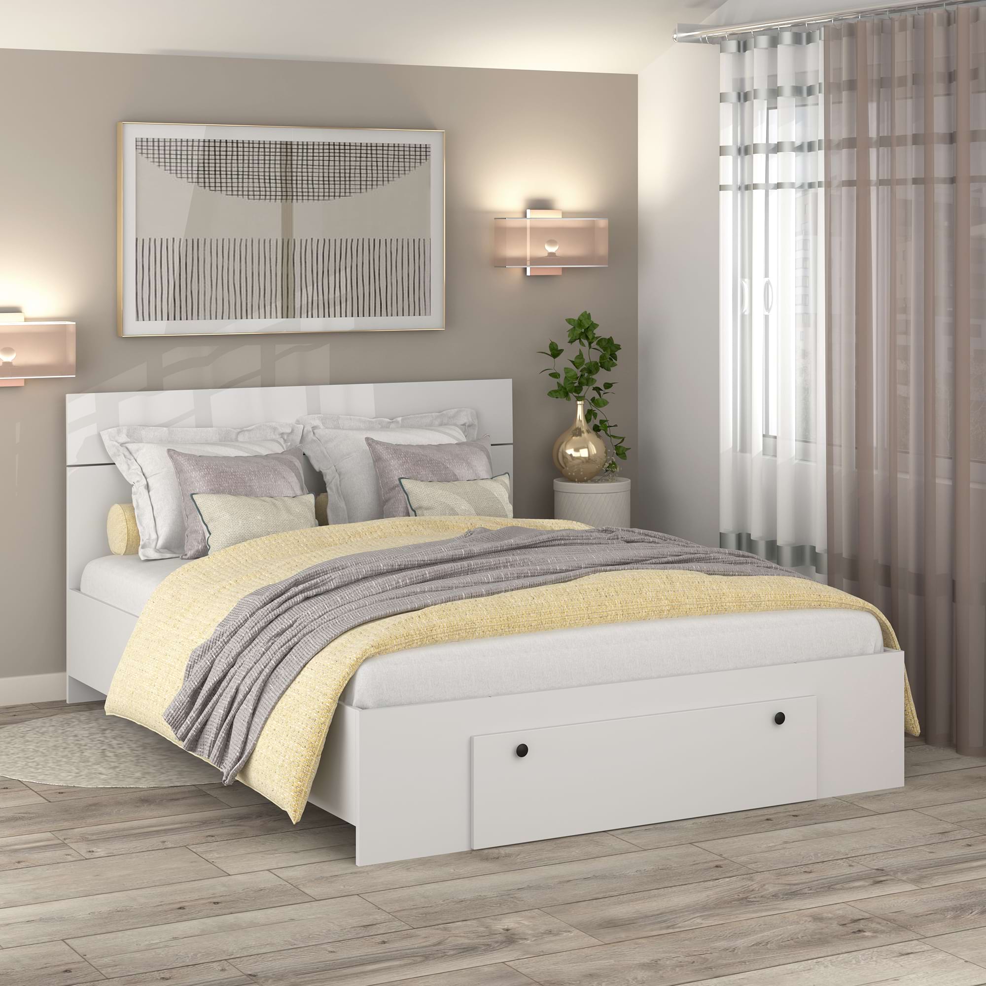 Pat AMBRO 140x200 sertar frontal Alb cu saltea inclusa