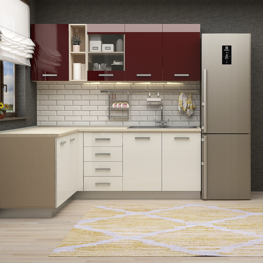 Mobila bucatarie pe colt style 200x160, vizon, mdf alb gloss, mdf bordo gloss