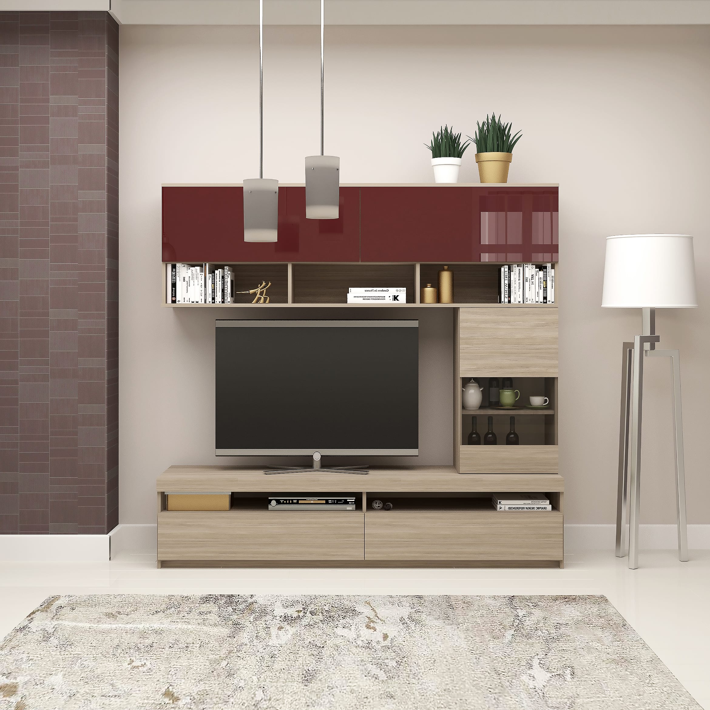 Mobila living system, compozitie a, 180 cm, oak, mdf bordo gloss