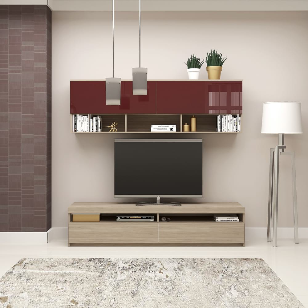 Mobila living system, compozitie c, 180 cm, oak, mdf bordo gloss