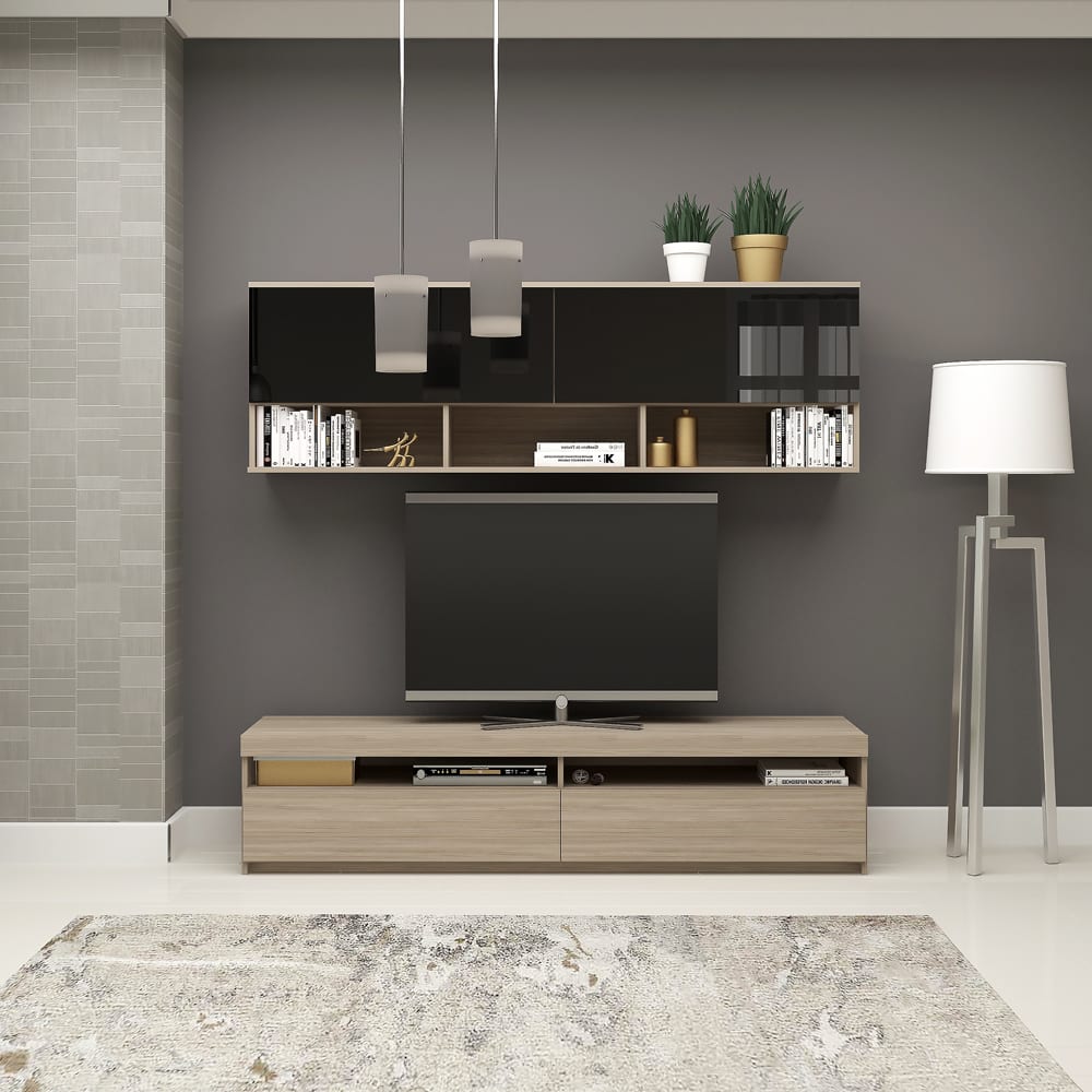 Mobila living system, compozitie c, 180 cm, oak, mdf negru gloss