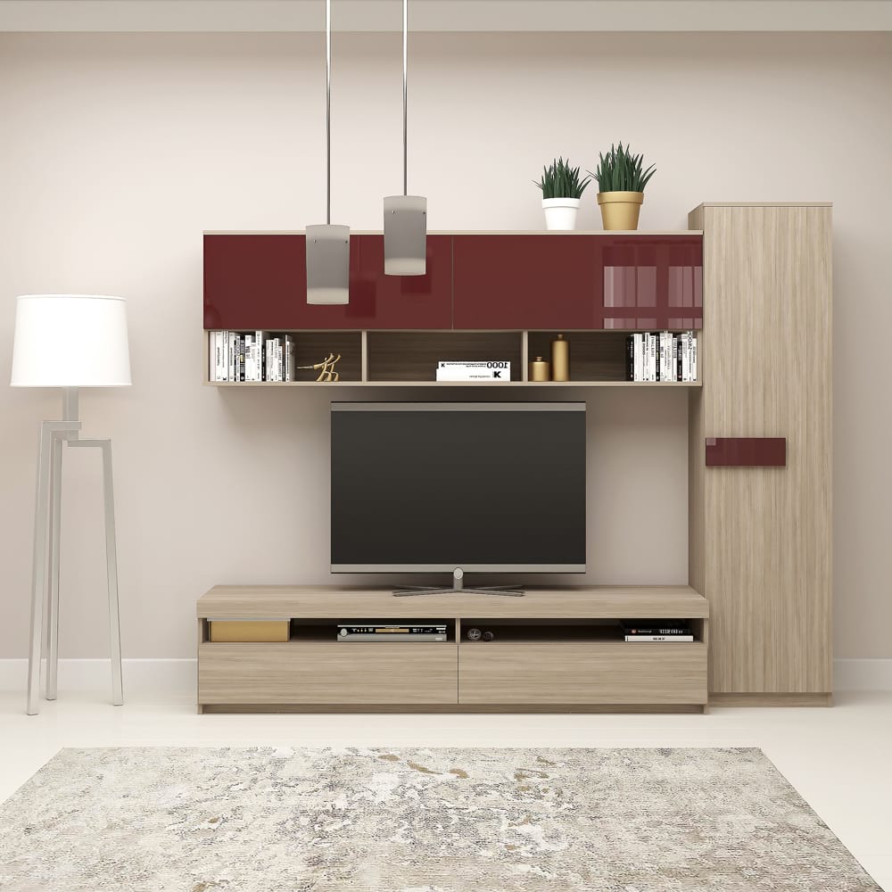 Mobila living system, compozitie c, 225 cm, oak, mdf bordo gloss