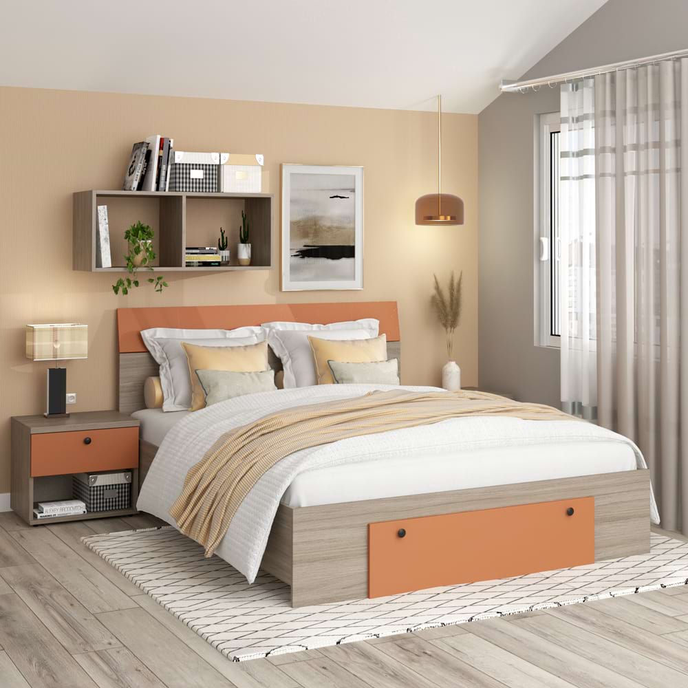 Pat matrimonial ambro, cu sertar frontal, oak, ginger